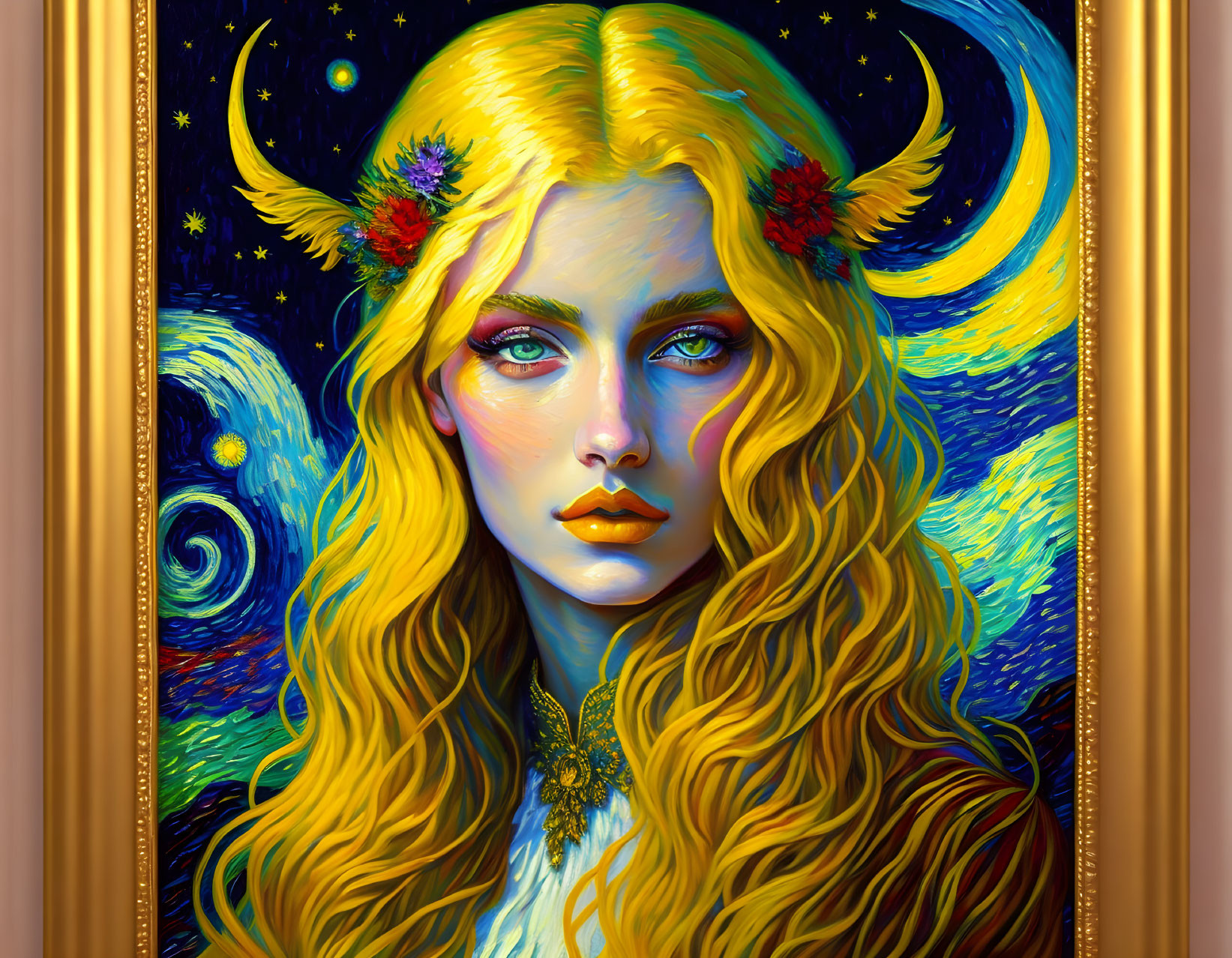 Digital Art Portrait: Woman with Golden Hair, Horns, Cosmic Background