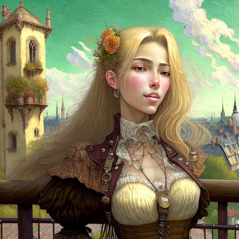 Detailed digital painting of young woman in fantasy attire with golden hair and flowers, set in medieval town.