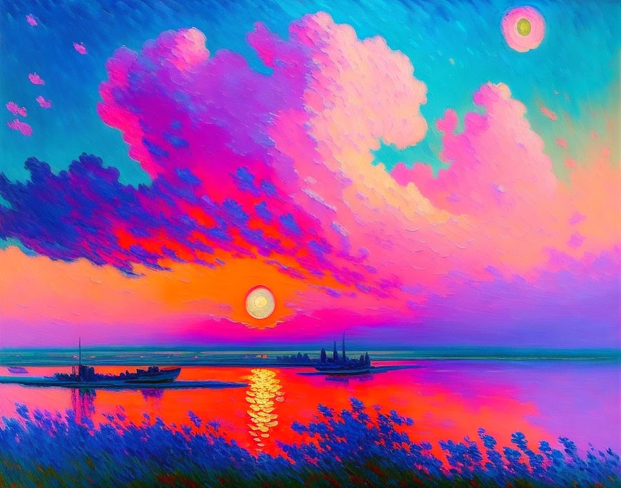 Colorful sunset painting with pink clouds, bright sun, water reflection, and silhouetted boats