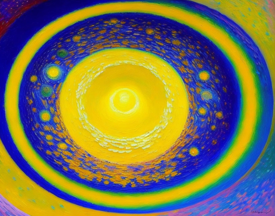 Vibrant concentric circle abstract painting in yellow, blue, and purple hues