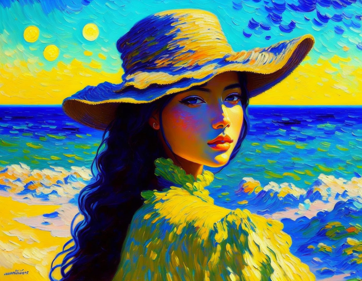 Colorful Impressionistic Portrait of Woman in Wide-Brimmed Hat