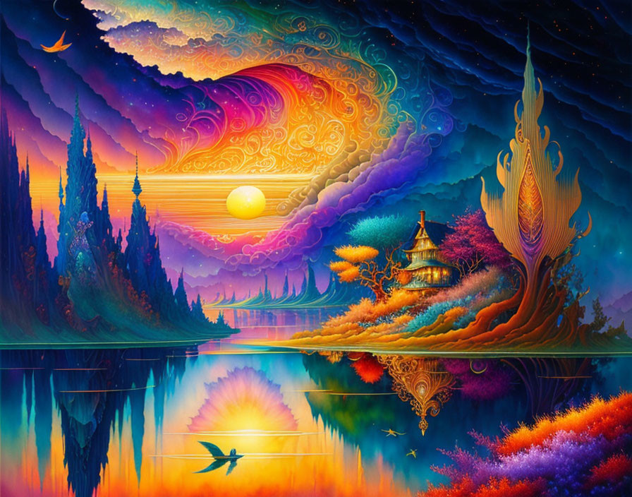 Colorful Fantasy Landscape with Sky Reflection in Lake