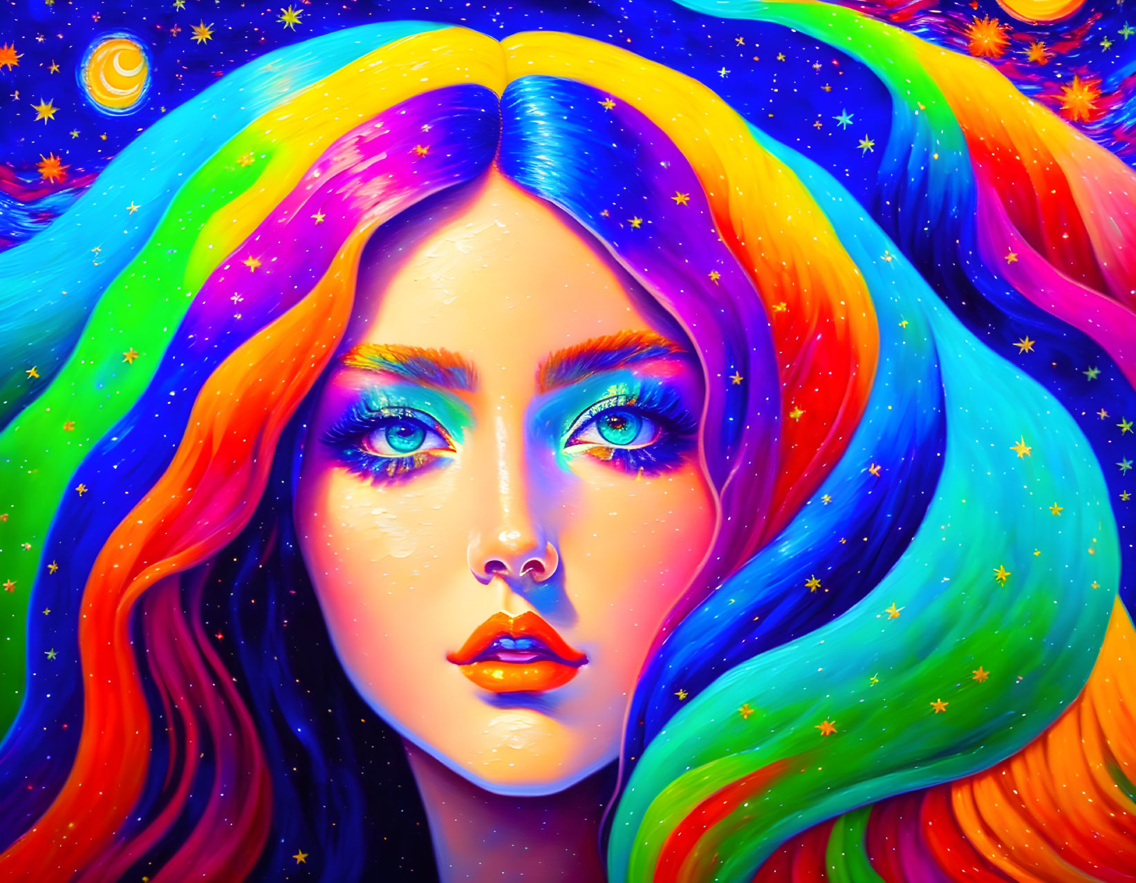 Colorful portrait of a woman with cosmic rainbow hair and green eyes on starry backdrop