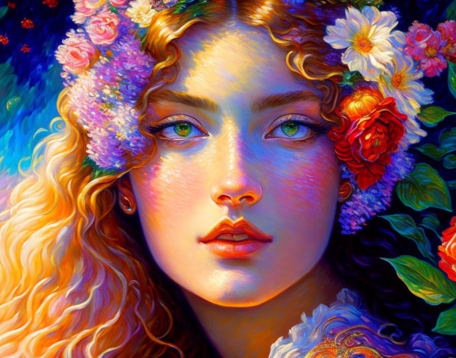 Vibrant digital artwork: Woman with floral crown & curly hair