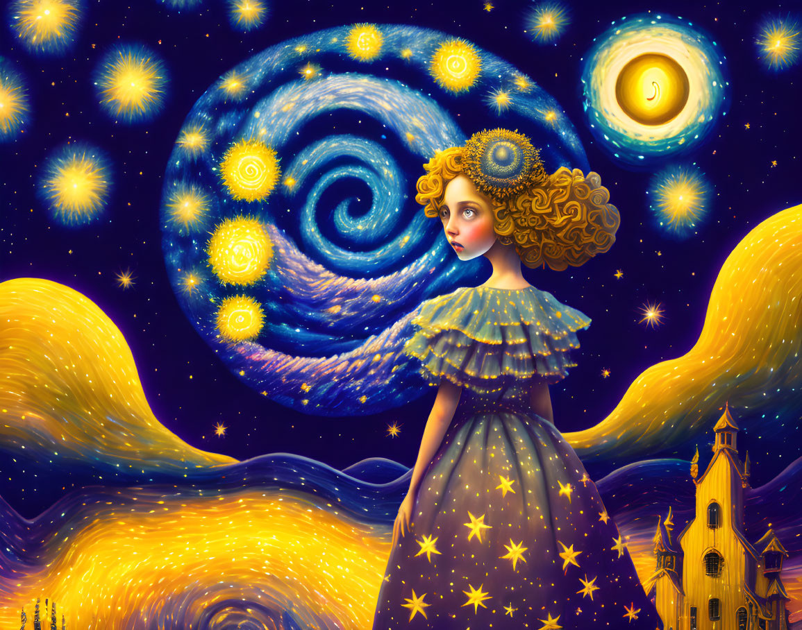 Surreal illustration of girl with golden hair in starry dress under Van Gogh-inspired sky