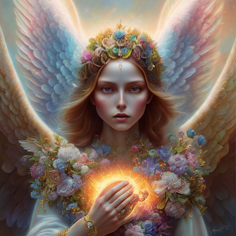 Angel with white wings holding glowing orb and floral crown