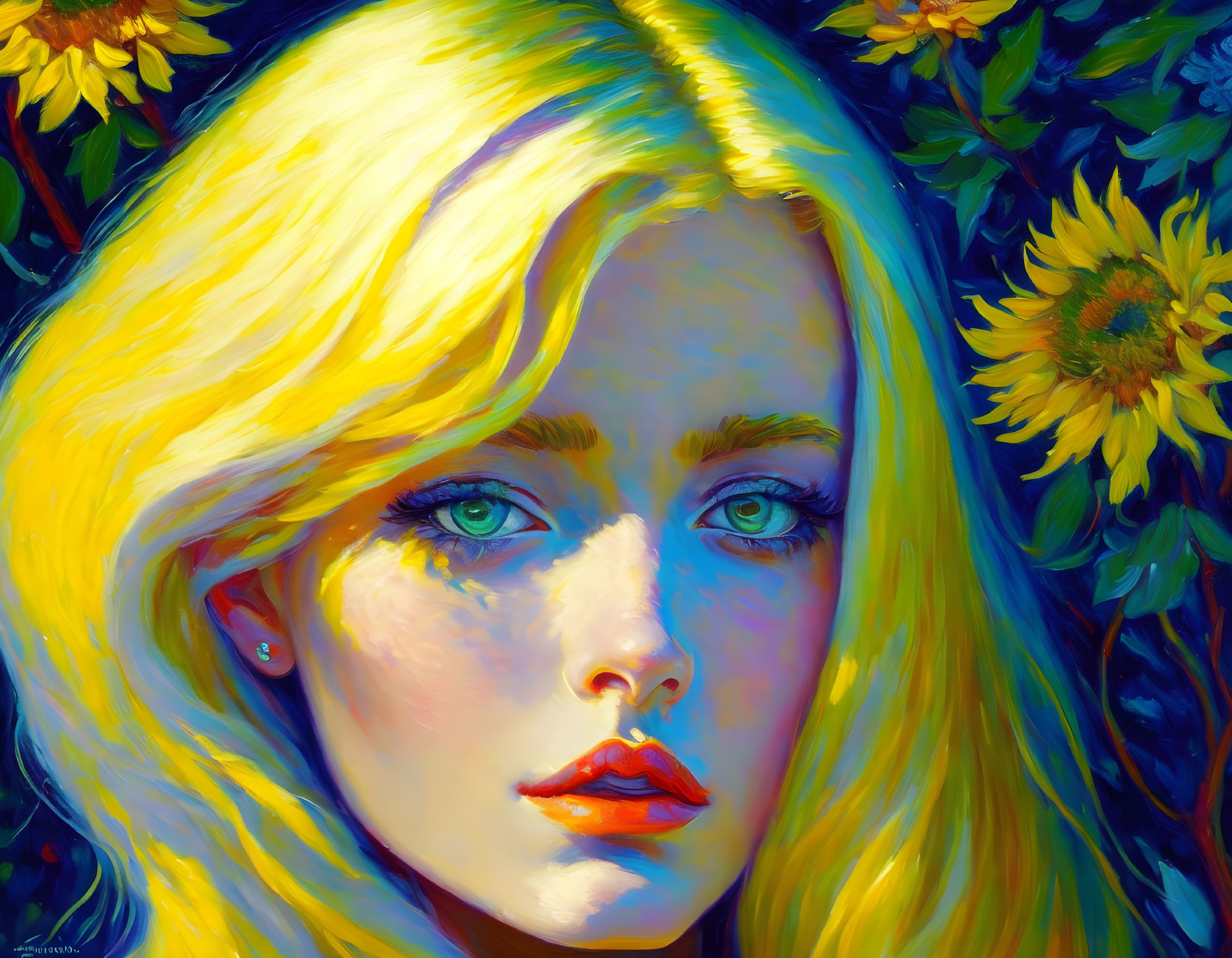 Blonde woman with blue eyes and sunflowers in colorful portrait