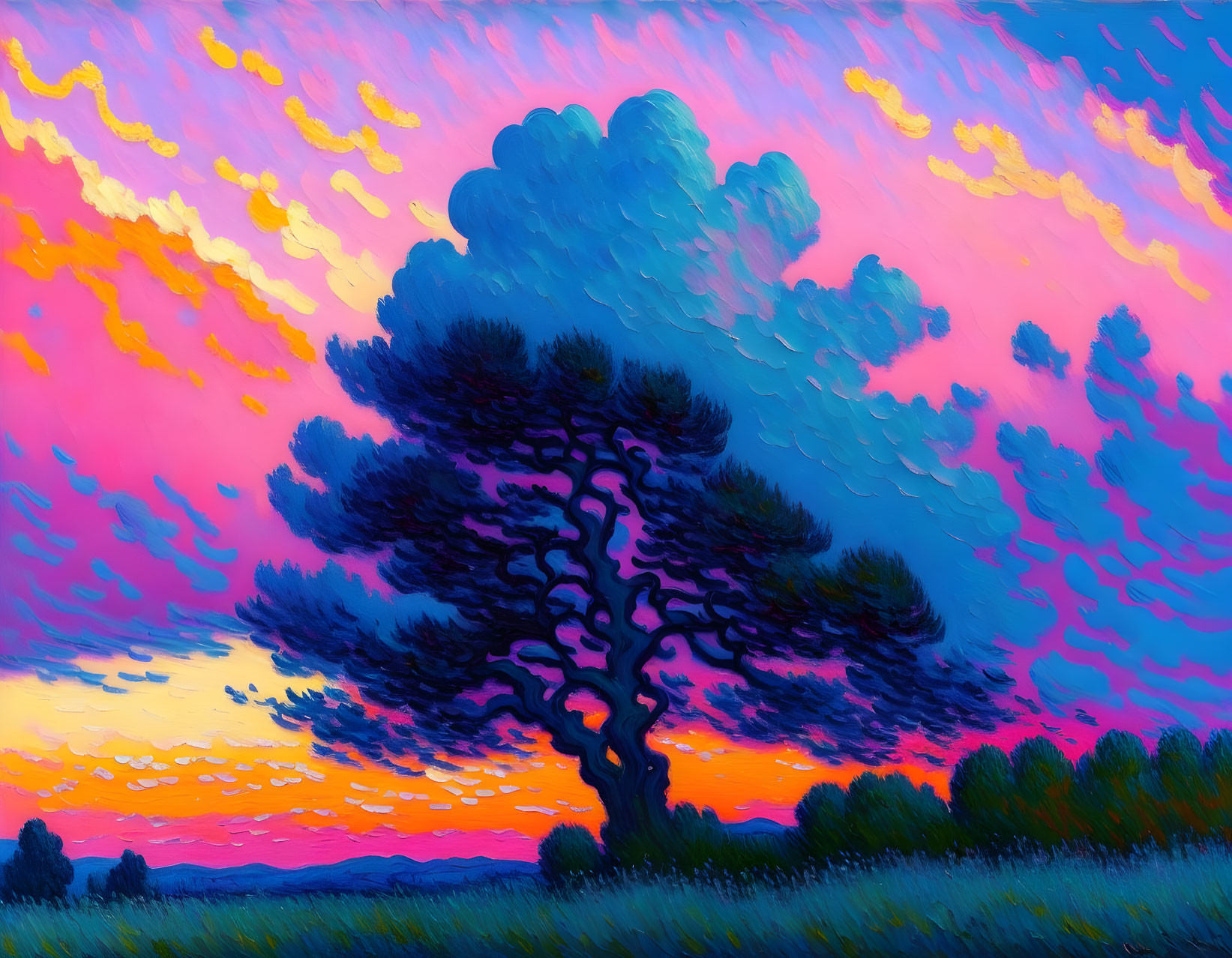 Colorful painting of solitary tree at sunset over tranquil meadow