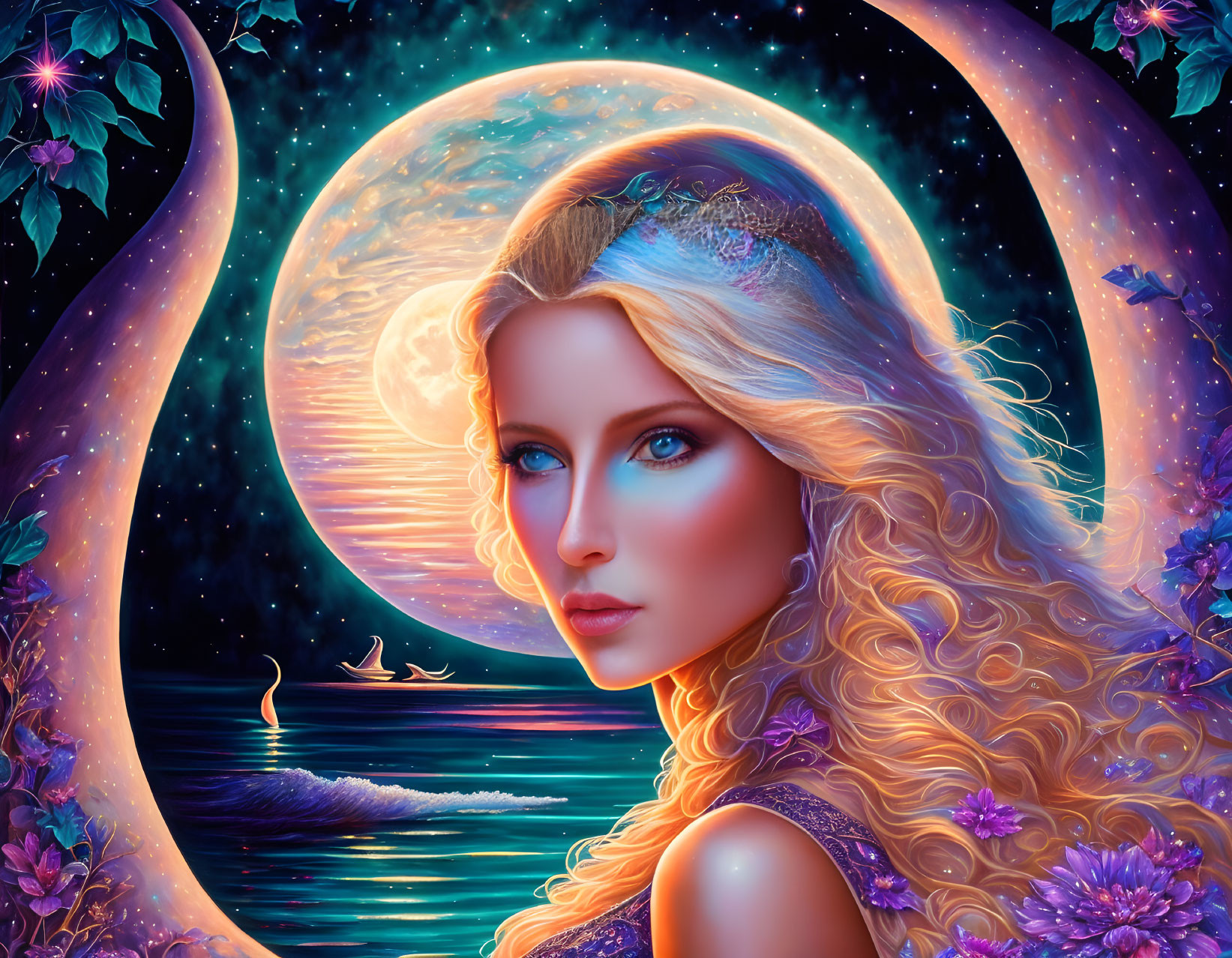 Blond woman in night scene with moon, lake, swans, & flora