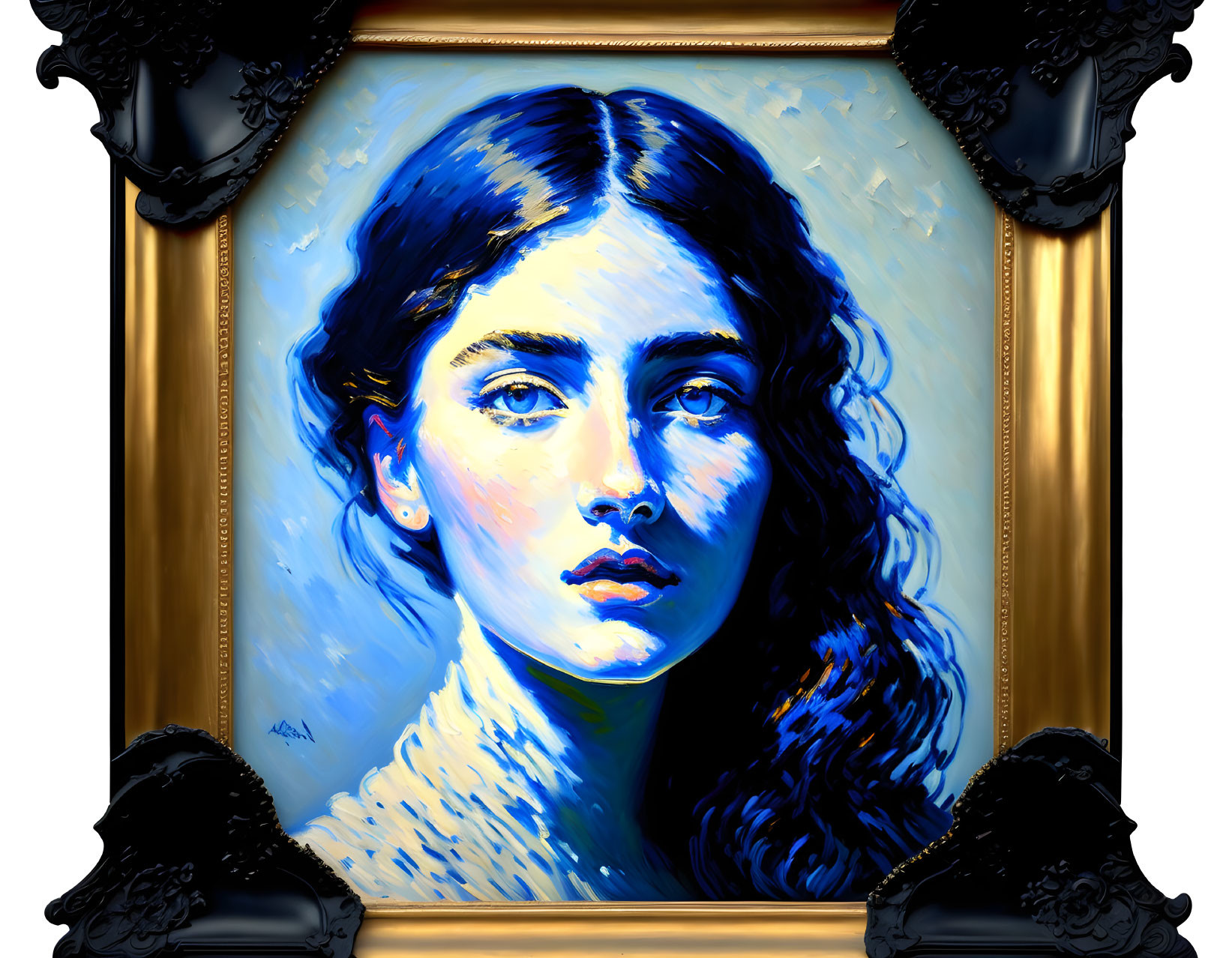 Blue portrait of woman in gold and black ornate frame