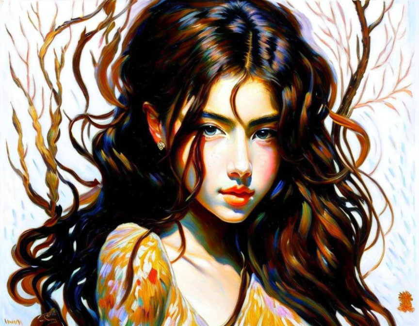 Colorful painting of a woman with flowing branch-like hair and intense gaze