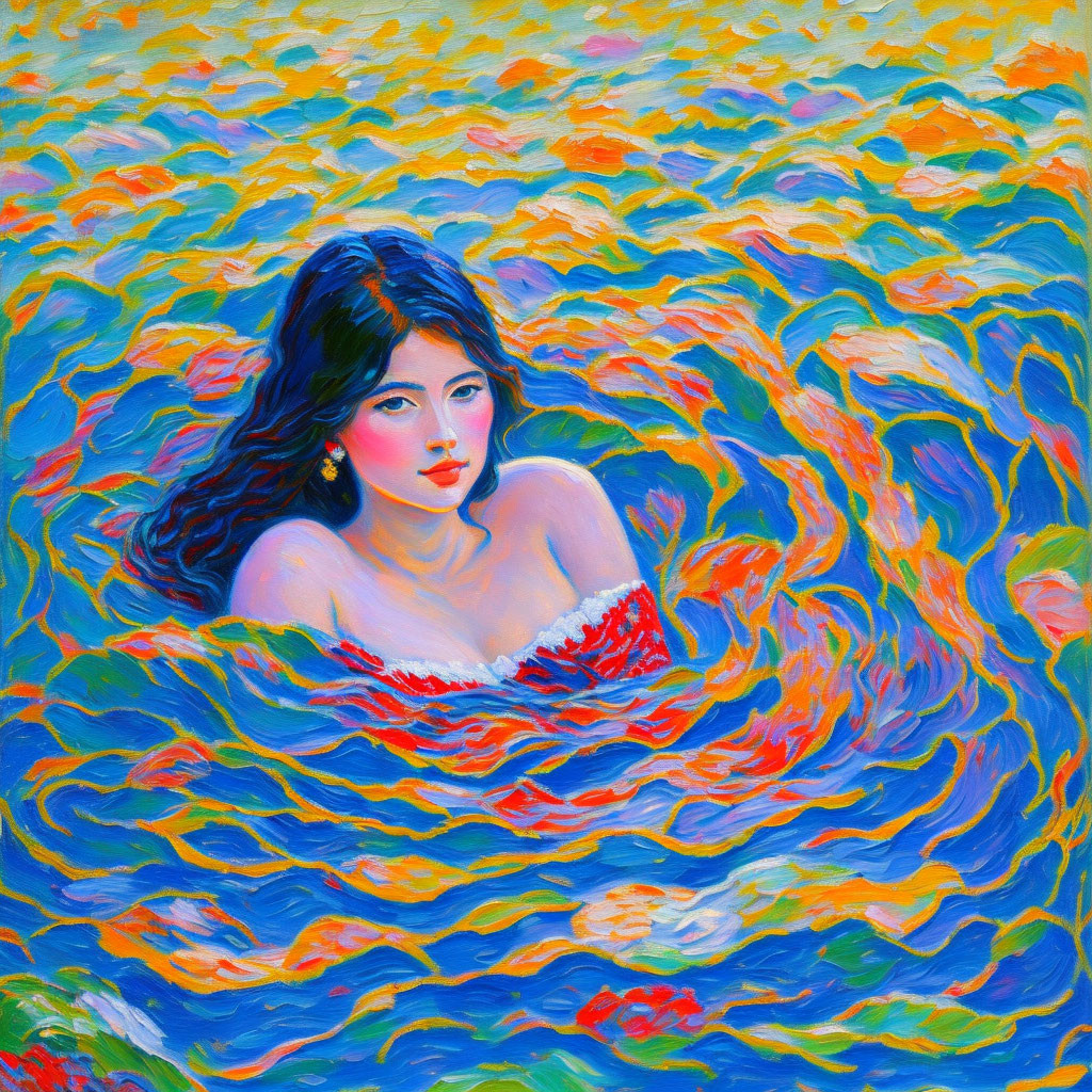 Colorful portrait of woman with dark hair in swirling blue and orange patterns