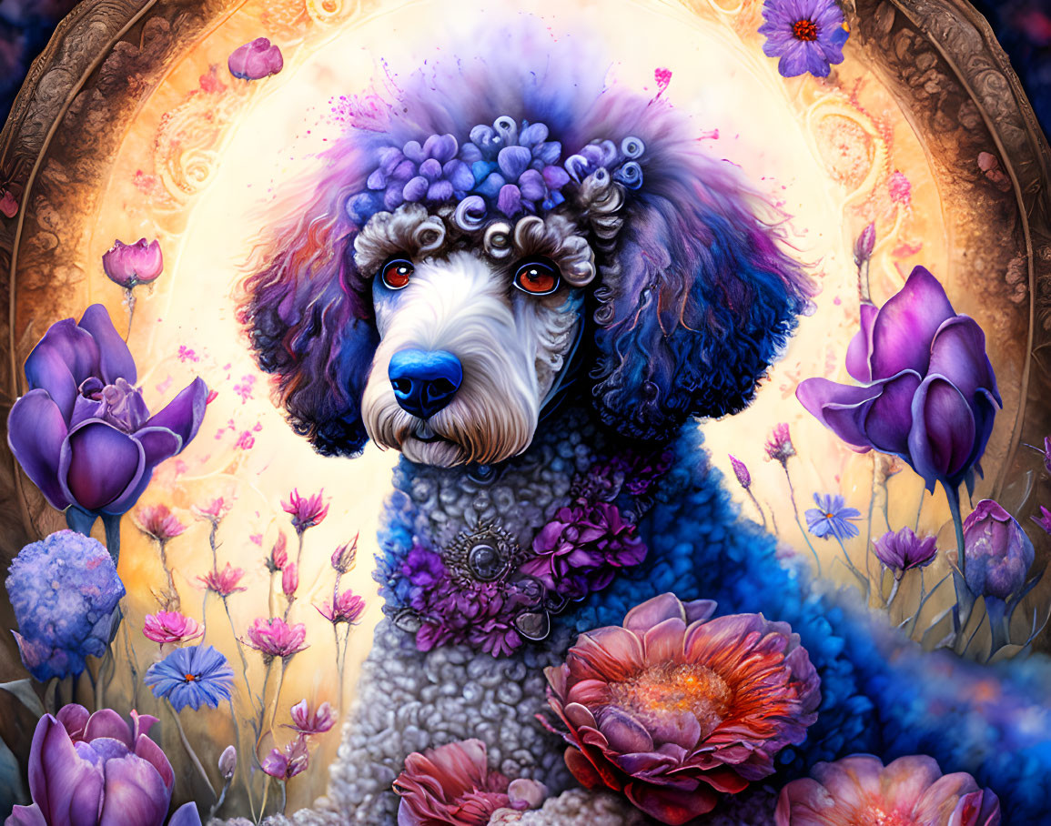 Stylized poodle with floral headdress among vibrant flowers