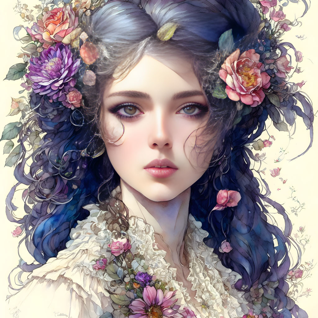 Detailed Digital Painting of Woman with Floral Wreath in Purple Hues