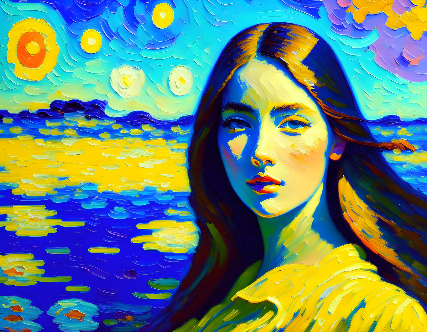 Vibrant Woman in Van Gogh-Inspired Style with Swirling Patterns