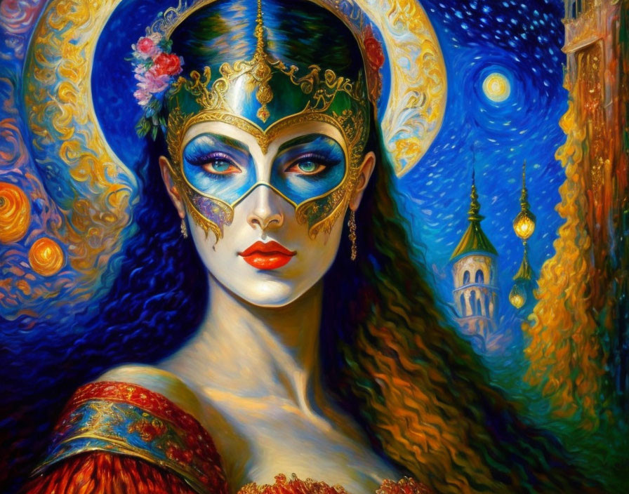 Colorful portrait of a woman in a masquerade mask with gold details on starry background