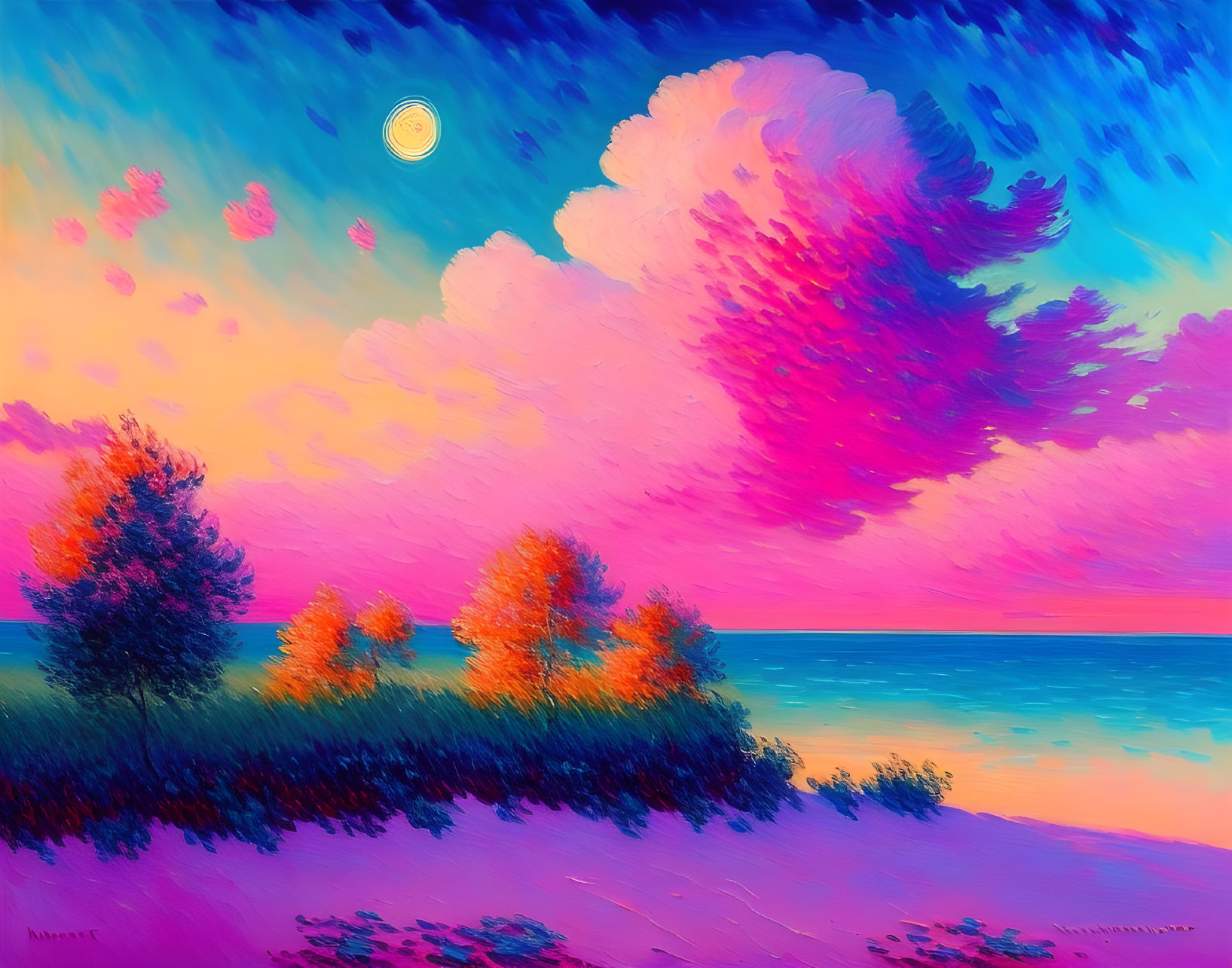 Colorful sunset digital painting with pink clouds, blue sky, orange trees, calm sea, and cres