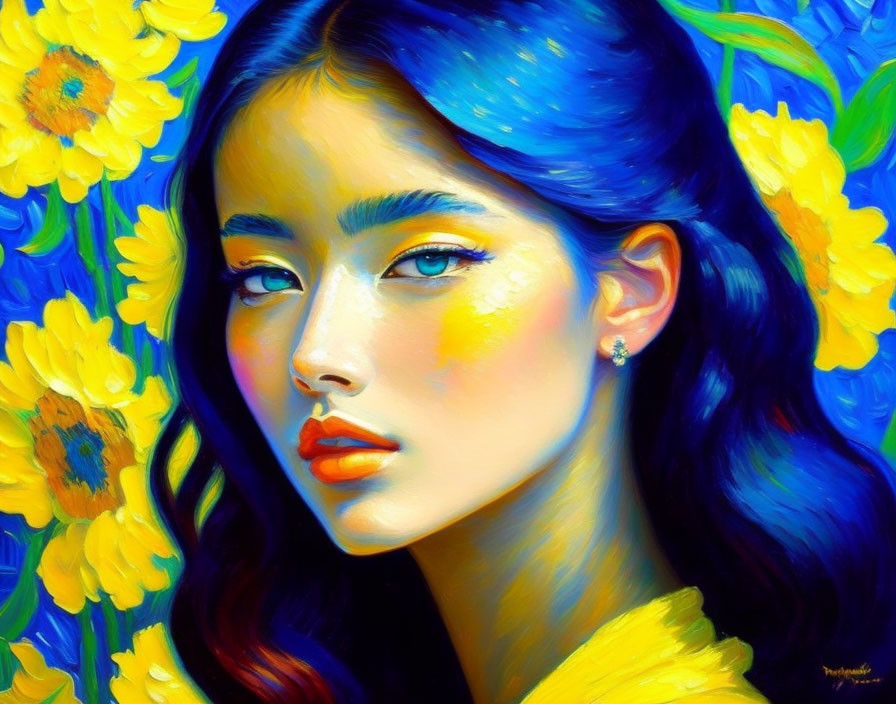 Digital artwork: Woman with porcelain skin among sunflowers on blue background