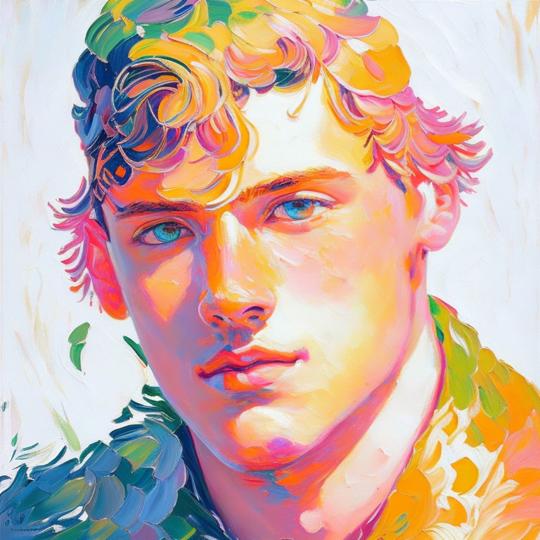 Vibrant portrait of young man with curly hair in orange, yellow, green, and white tones