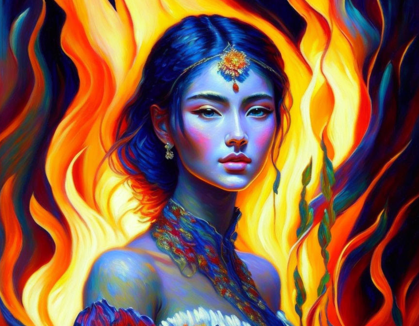 Colorful artwork of woman with ornate headpiece in fiery setting