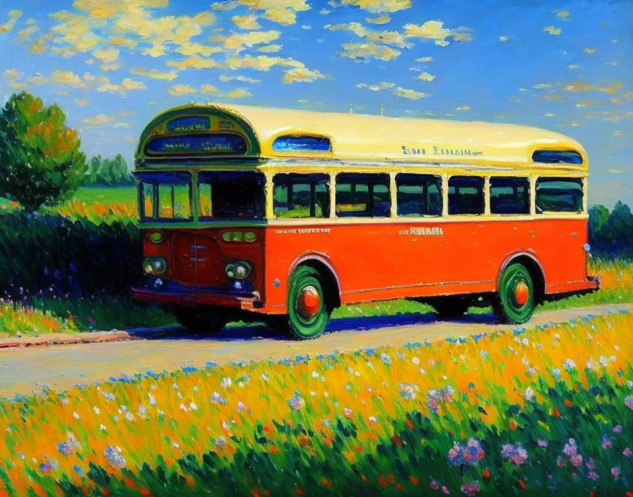 Colorful painting of red and yellow bus on countryside road