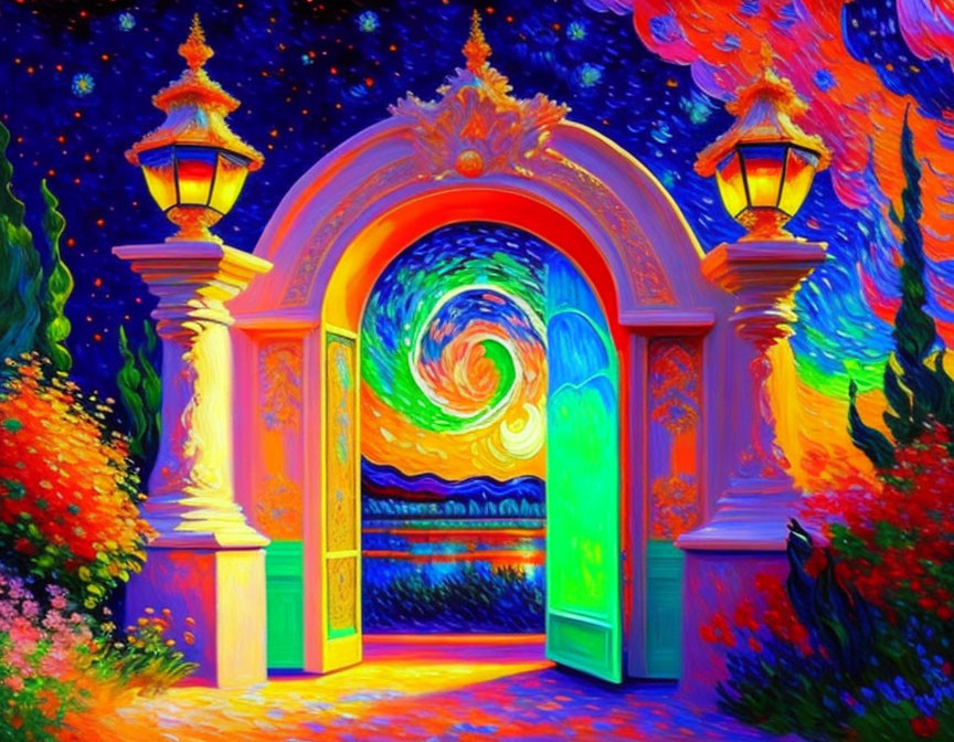 Colorful image of ornate gate under starry sky and lush flora.