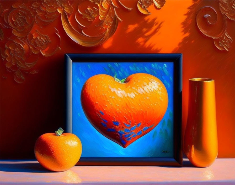 Still Life Composition: Orange Heart Painting, Real Orange, and Reflective Vase