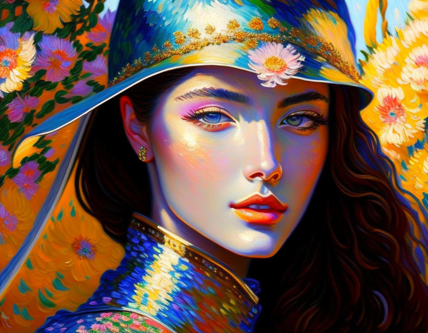 Colorful painting of a woman in floral hat & vibrant attire