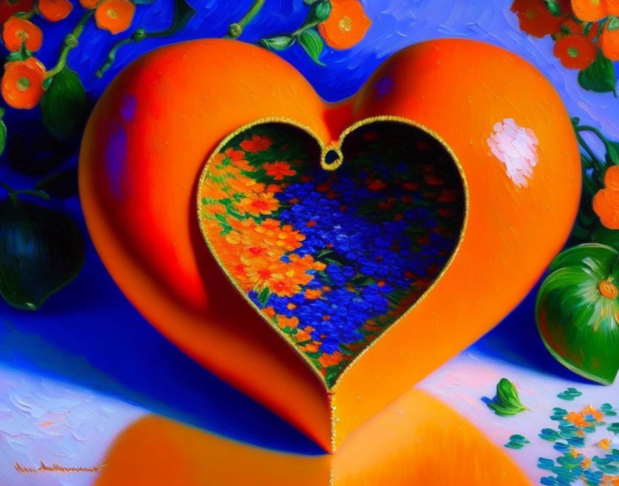 Colorful painting of orange heart with cutout revealing flowers on blue background