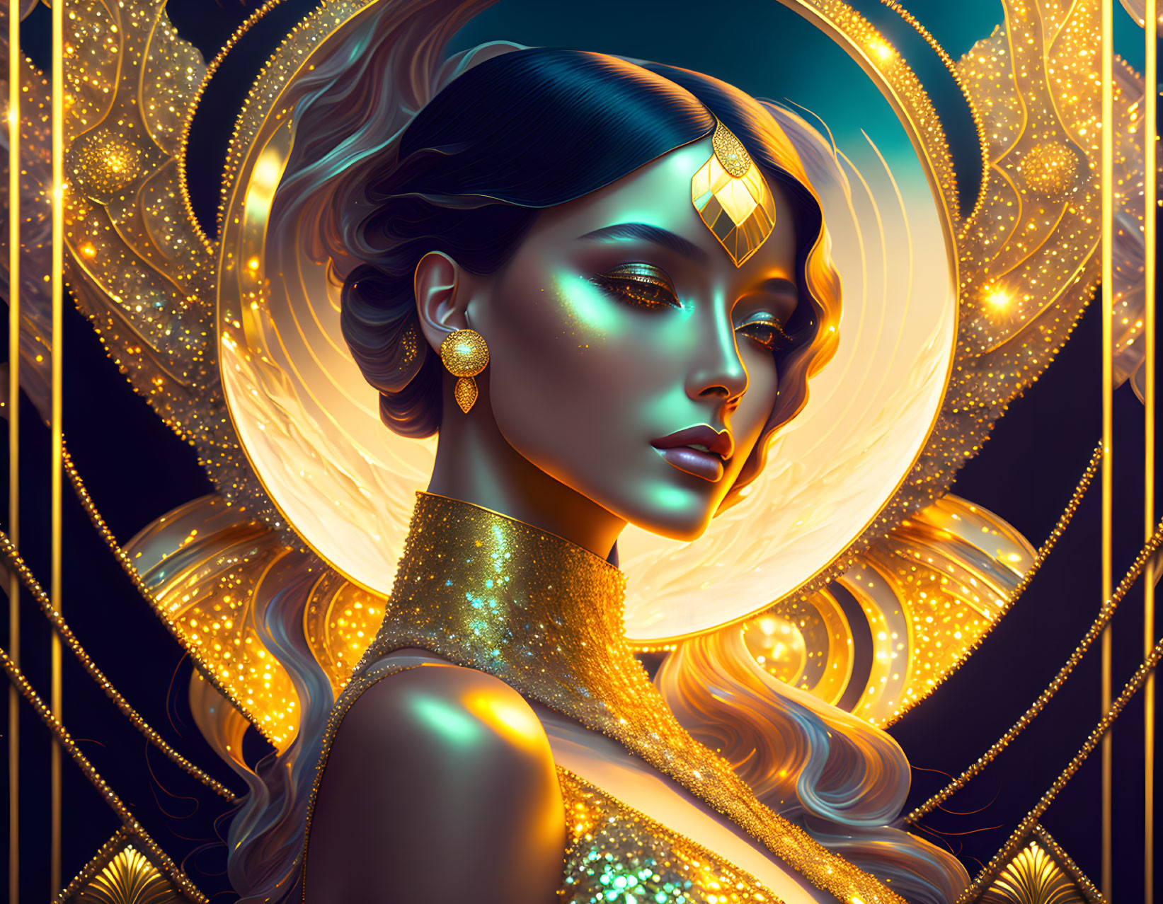 Stylized illustration of woman with long hair and golden jewelry surrounded by glowing mandalas