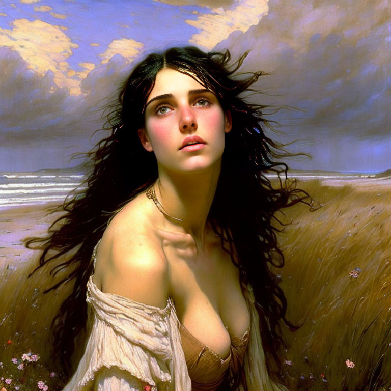 Dark-haired woman with blue eyes in stormy landscape