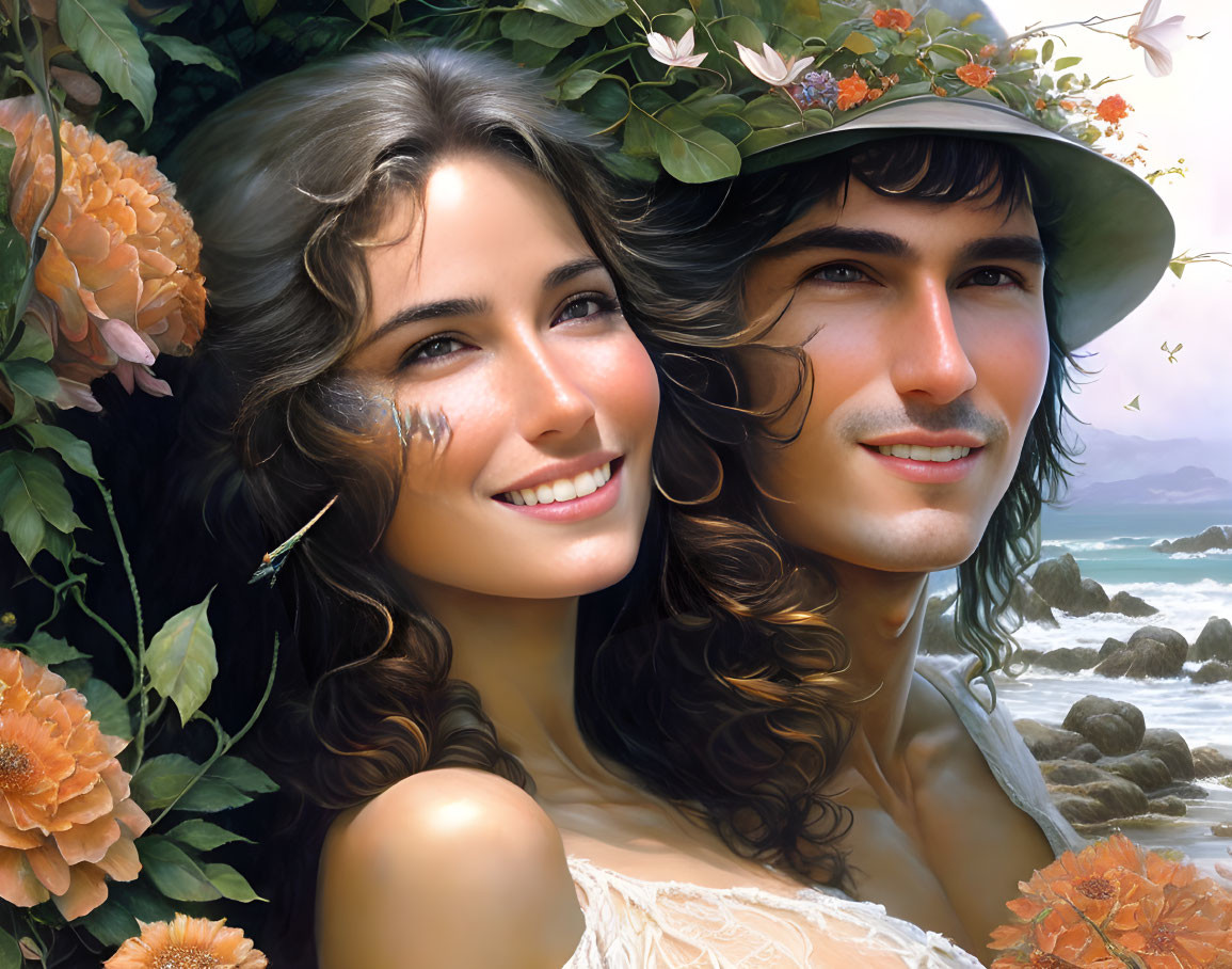 Smiling man and woman in romantic attire with floral and seascape backdrop