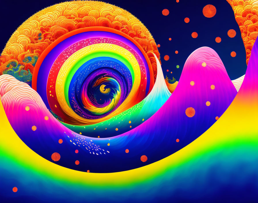 Colorful Swirling Patterns on Dark Blue Background: Psychedelic Digital Art