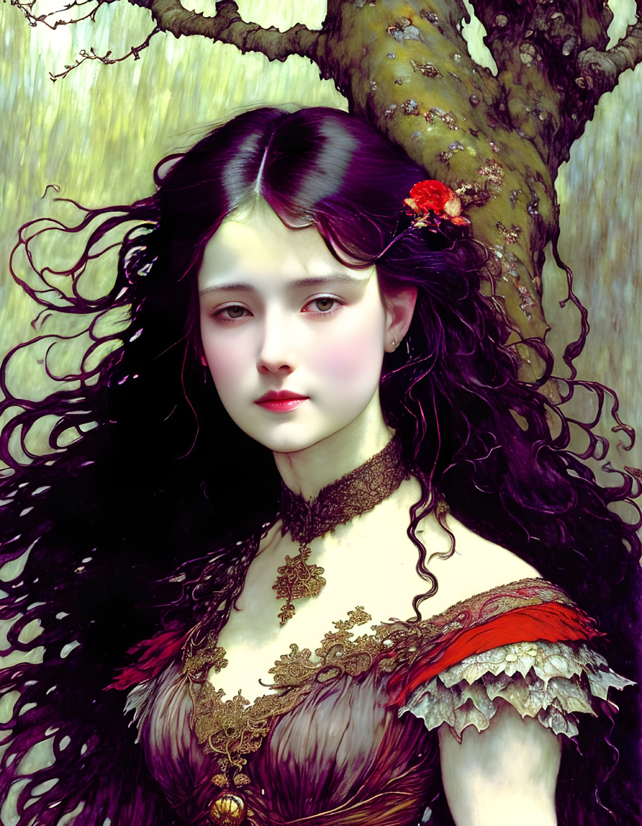 Digital painting of woman with black hair, pale skin, red flower, vintage attire.