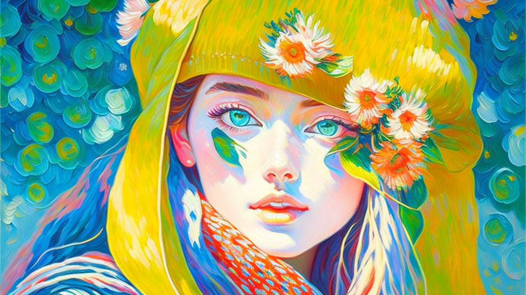 Colorful portrait of young woman with blue eyes in yellow hat and flowers against swirling blue backdrop