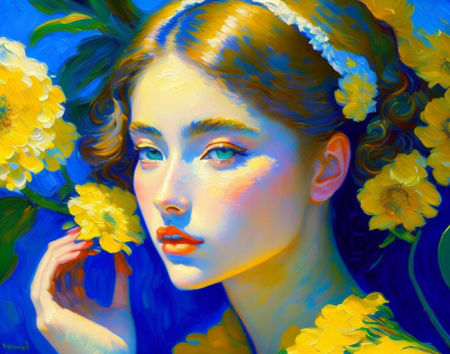 Woman in Serene Expression Surrounded by Yellow Flowers and Blue Tones