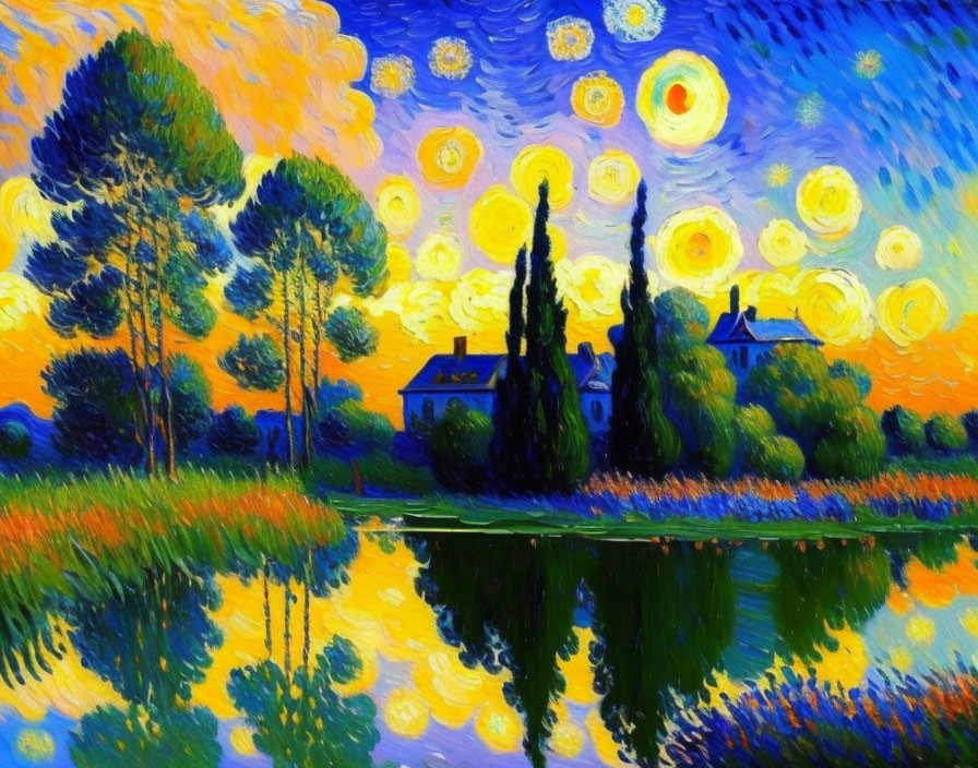 Impressionistic painting of starry night sky over landscape