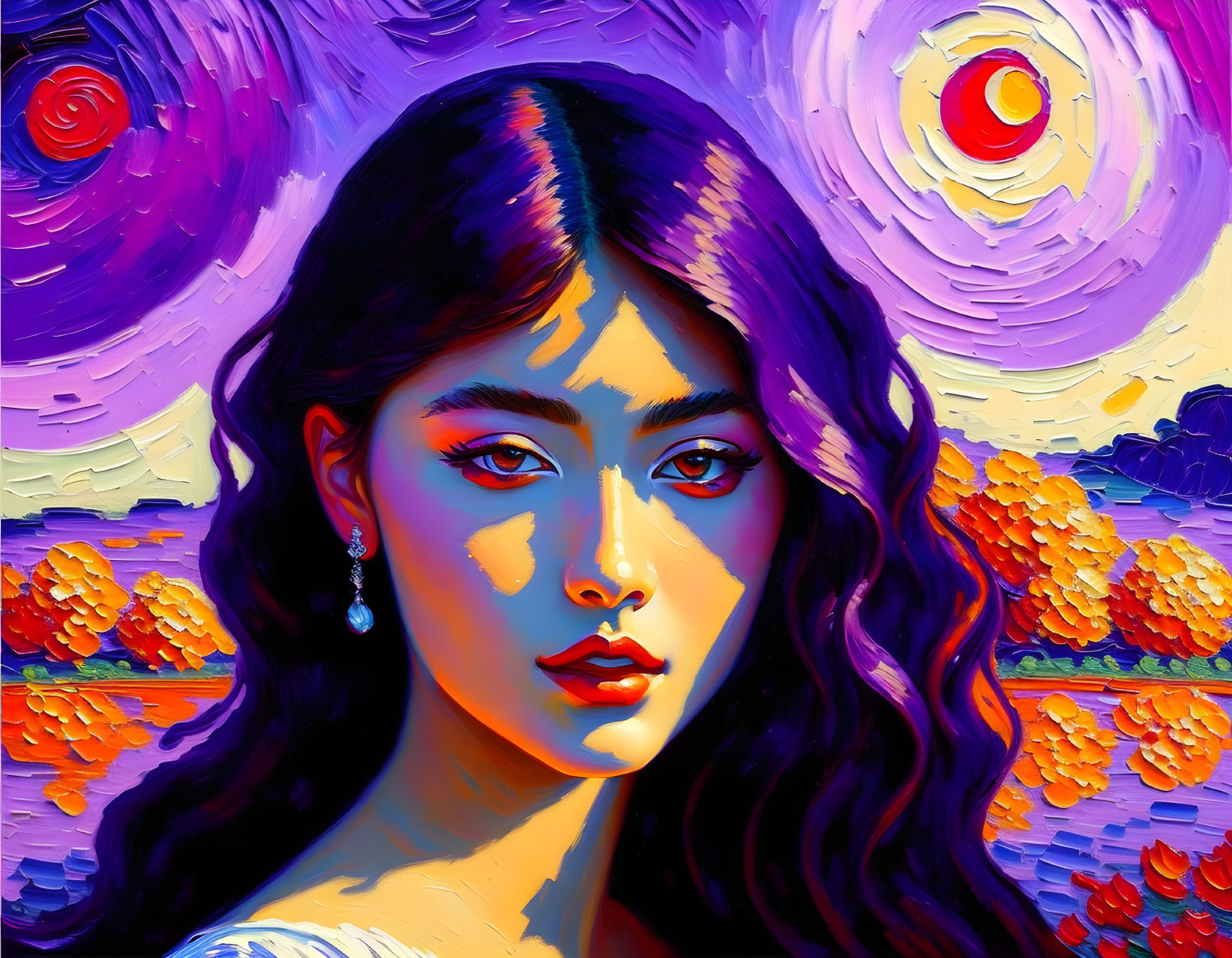 Vibrant portrait: woman with wavy hair in Van Gogh-inspired setting