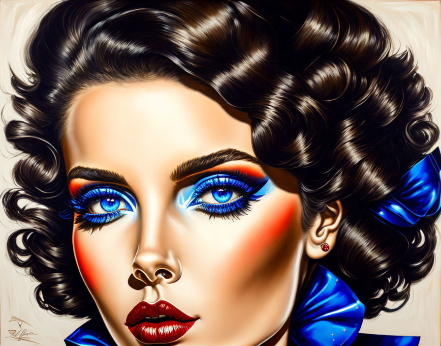 Stylized portrait of a woman with curly hair and striking makeup