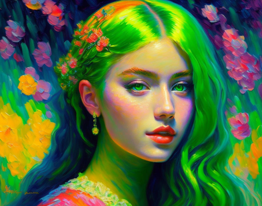 Colorful portrait of a woman with green hair and floral elements against dreamlike backdrop