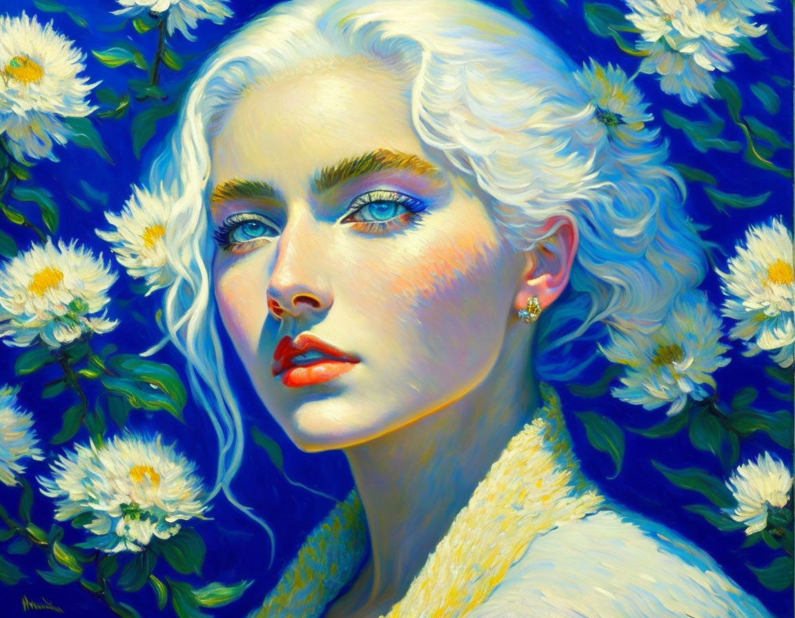 Portrait of Woman with Pale Skin and White Hair Among White Flowers on Deep Blue Background