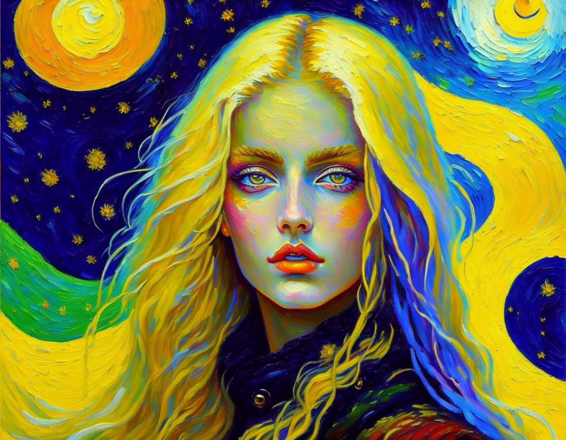 Blonde woman with blue eyes in cosmic Van Gogh-esque setting