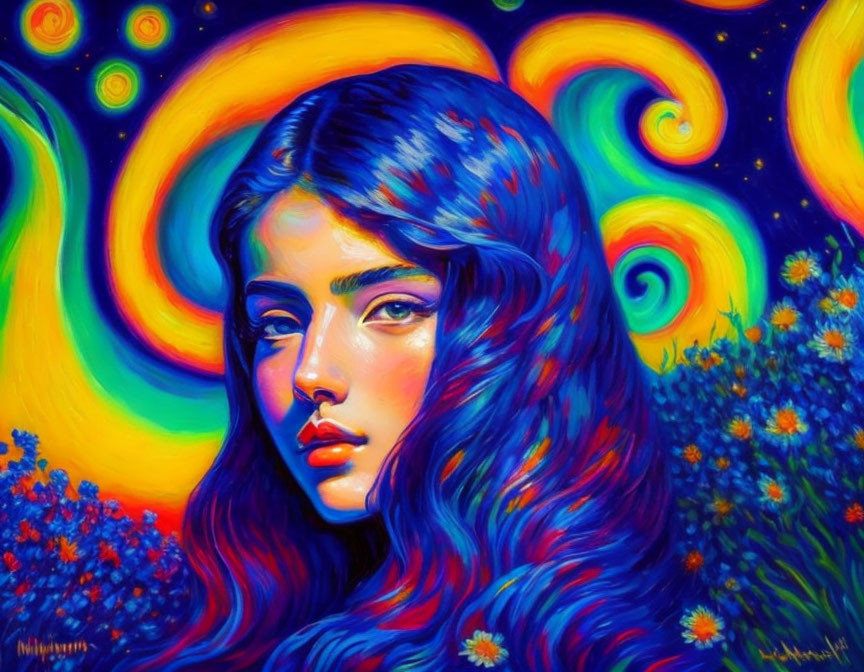 Colorful portrait of woman with blue hair in psychedelic setting