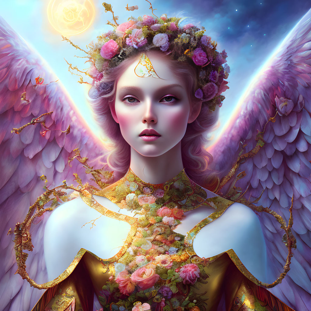 Fantasy illustration: Woman with angel wings and floral crown in celestial setting