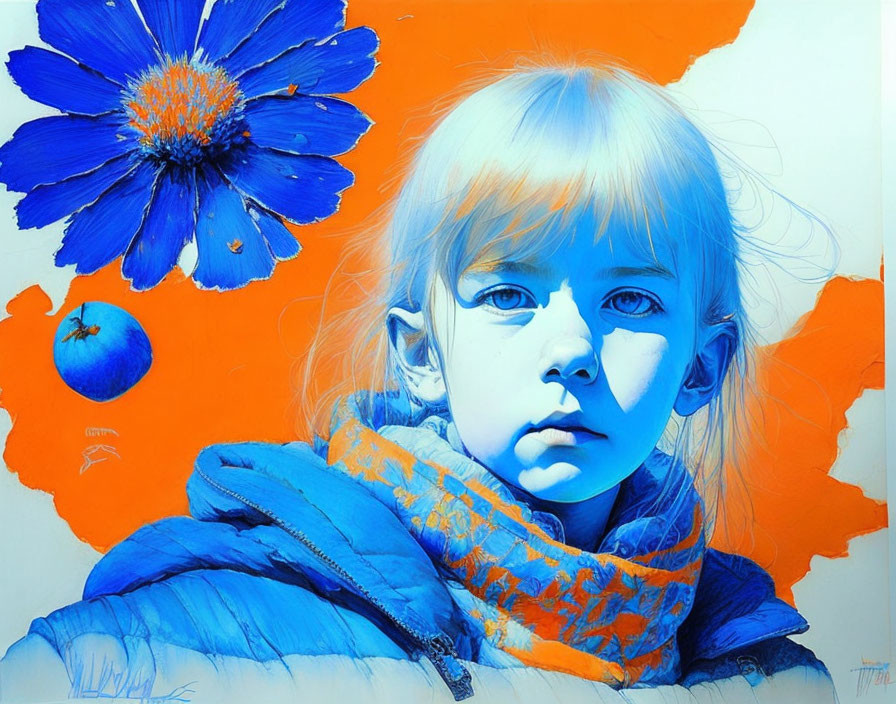 Portrait of young girl with blue hues, orange background, blue flower, and fruit