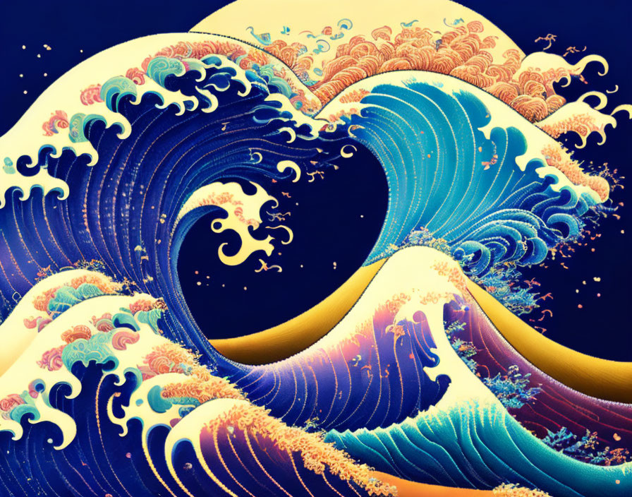 Vibrant digital artwork: Blue and gold waves inspired by Hokusai's The Great Wave