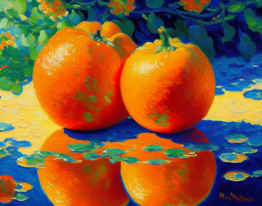 Colorful oil painting of three oranges on textured blue and yellow background