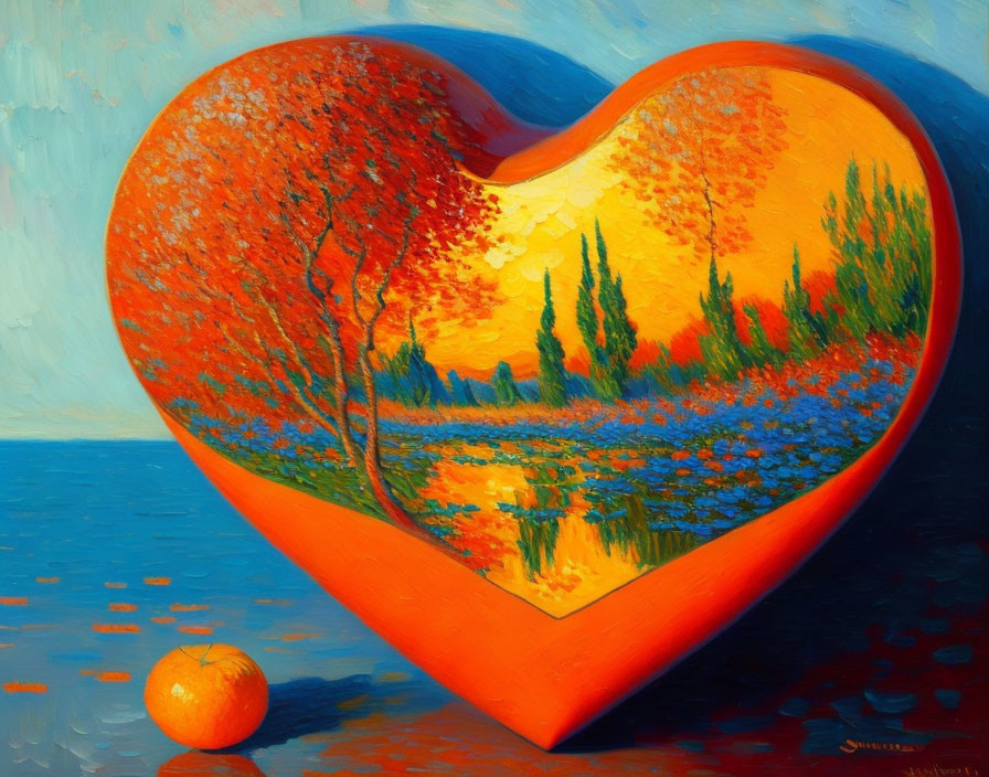 Colorful Heart Painting with Landscape and Sunset Theme