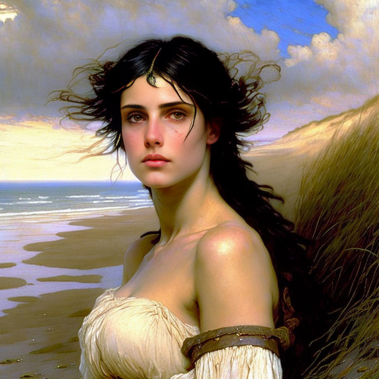 Woman with dark hair in off-shoulder dress on beach backdrop