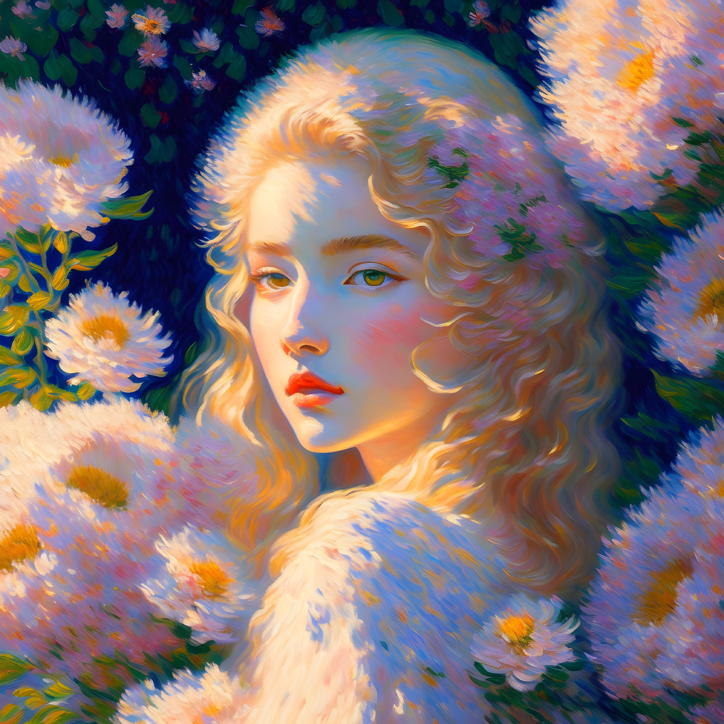 Blonde Woman Surrounded by Pink Flowers in Blue Background